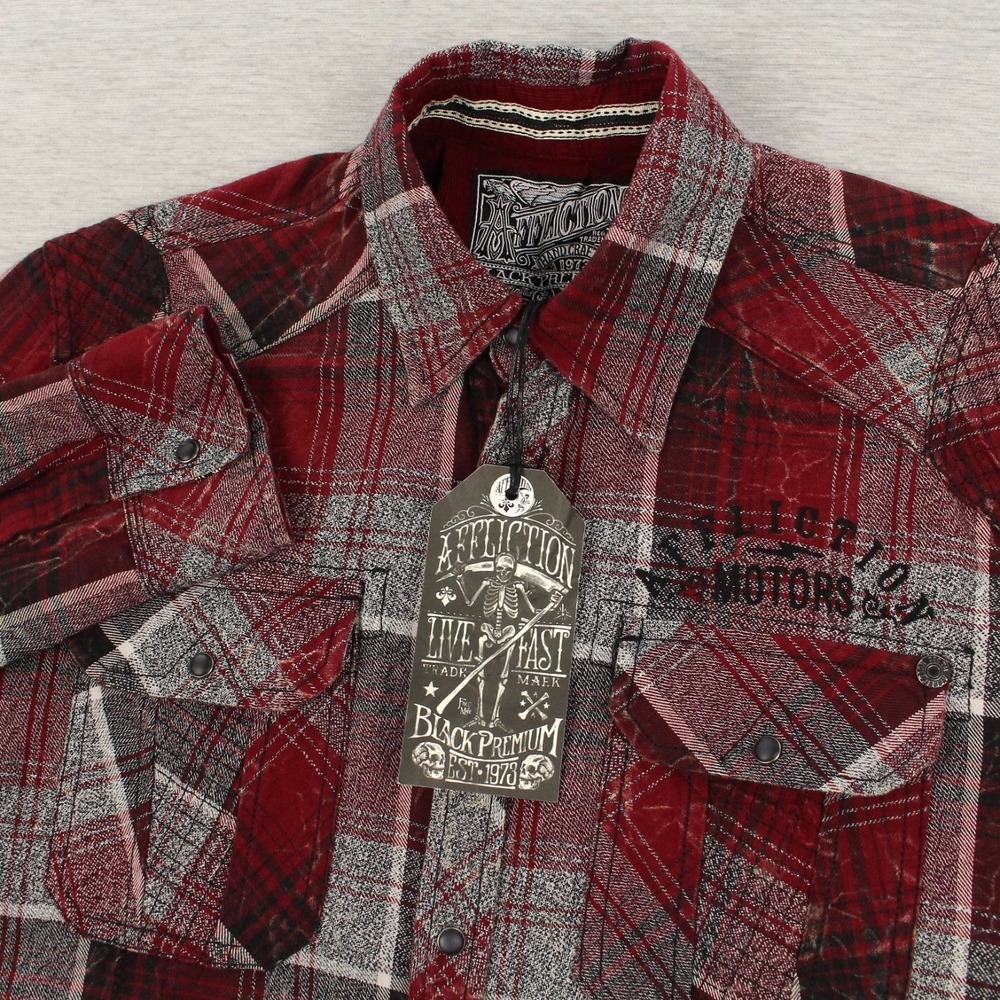 Affliction Flannel Shirt Mens M Red Woven Pearl Snap Black Premium Eagle One NEW - Picture 2 of 11